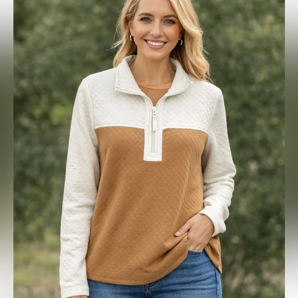 Croft & Barrow Quilted Pullover Colorblock Cream Camel Cozy Preppy S - Picture 8 of 8